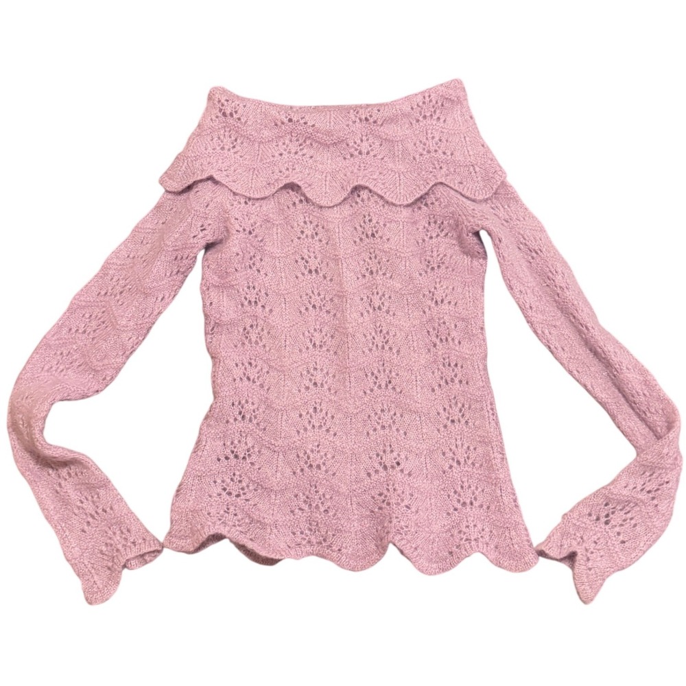 Vintage Lavender Mohair Wool Pointelle Scalloped Off Shoulder 90s Y2K Sweater XS